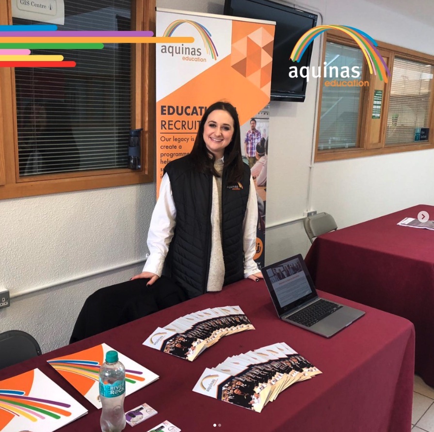 Bella Aquinas Education London Office Manager visiting Galway Careers fair speaking to teachers in Ireland about working in London